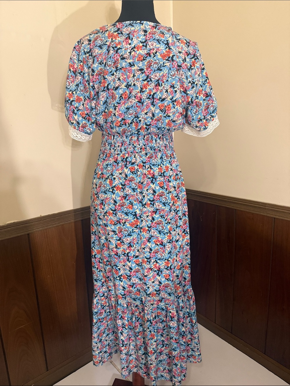 NWT Zara Blue Floral Boho Maxi Dress Lace Trim Cottagecore Size Medium - Picture 3 of 11